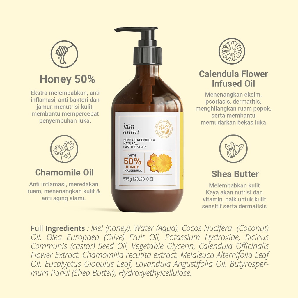 Kun Anta Indonesia Kun Anta! Honey Calendula Natural Castile Soap