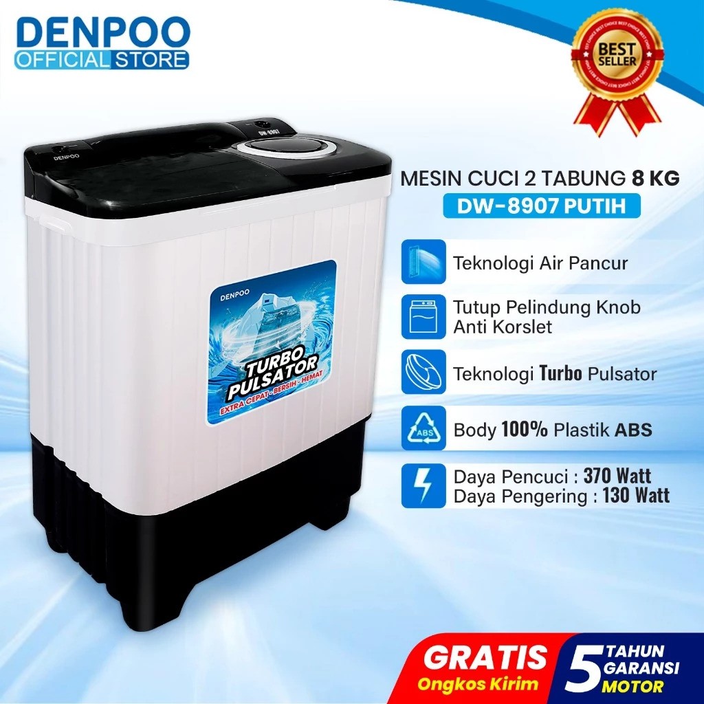 Denpoo Mandiri Indonesia Denpoo Mesin Cuci Semi Auto 8 kg DW-8907B 