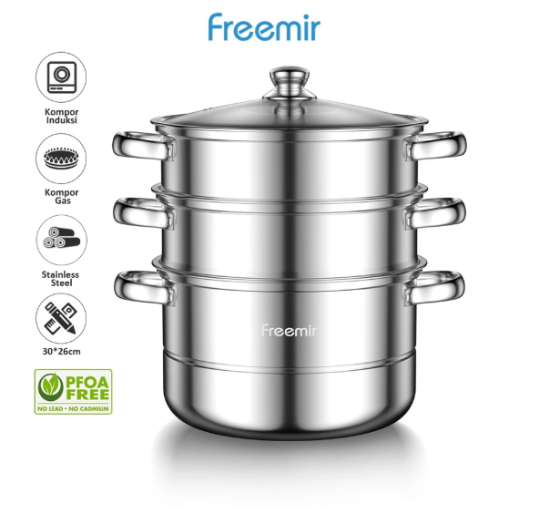 Dachin Etech Global freemir Panci Kukus Stainless Steel 3 Tingkat dan Tutup Kaca