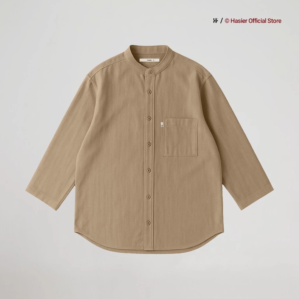  HASIER Linen Band Collar 7/8 Sleeve Shirt