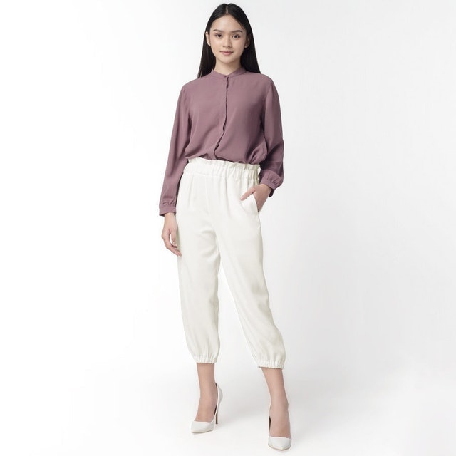 Celana "Eunji" Bahan Wanita High Waist Jogger Pant Pinggang Karet Off White  4