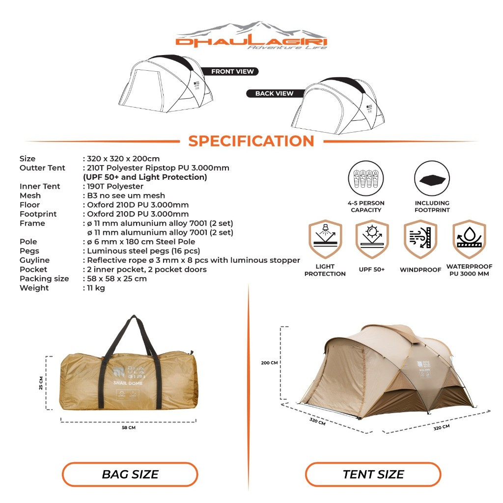 Dhaulagiri Indo Raya Dhaulagiri Snail Dome Tent Light Protection