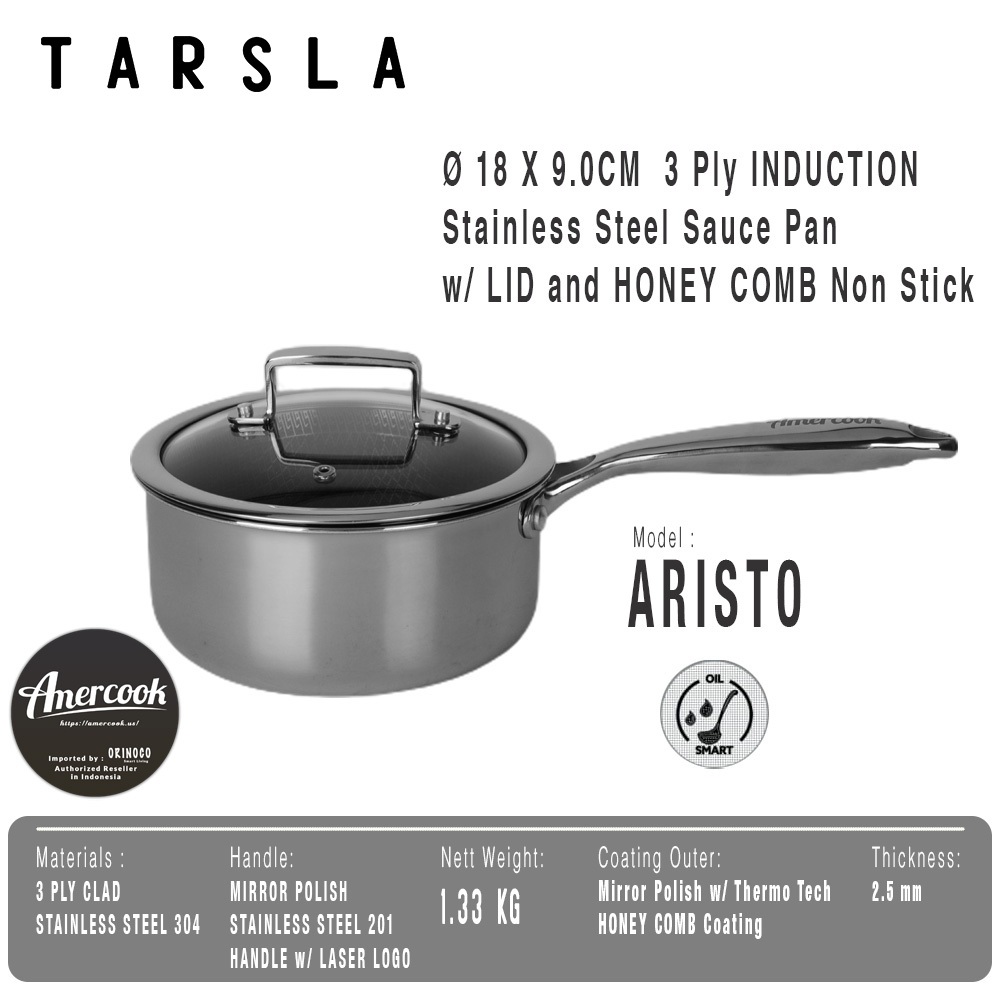  Amercook Sauce Pan Stainless Steel Lid Honey Comb Non-Stick 3-Ply Induction B130SS-0418B