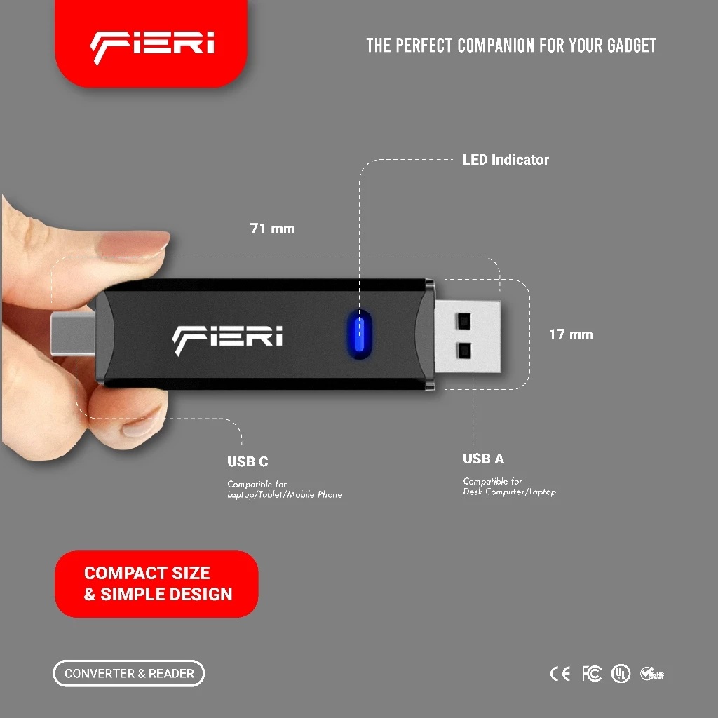 Fieri Dual Card Reader USB-A 3.0 & USB Type C Super Speed LED 2