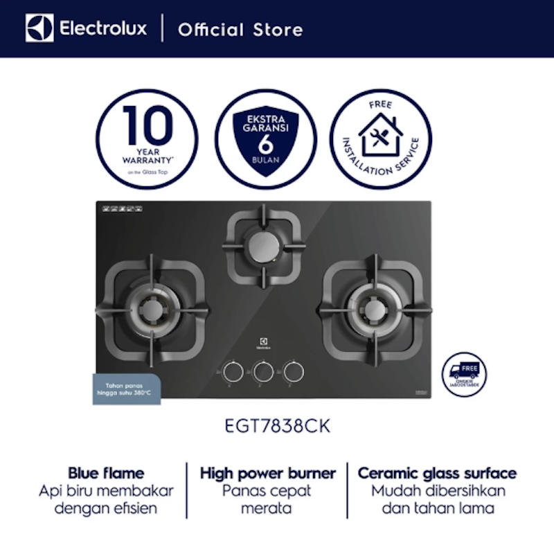 Electrolux Kompor Gas Tanam UltimateTaste 300 dengan 3 Tungku 78cm 2