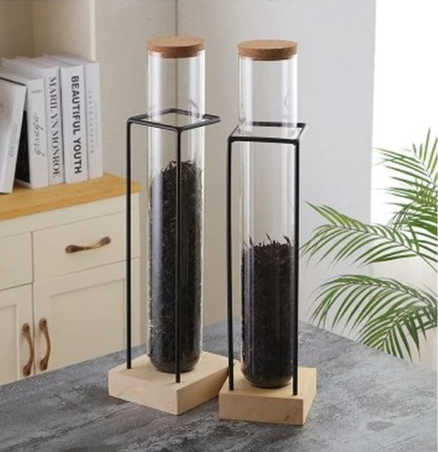 Coffee / Tea Glass Tube Canister Jar + Wooden & Stainless Holder
