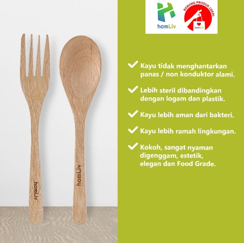 homLiv Sendok Garpu Kayu Set Carola Jati 3
