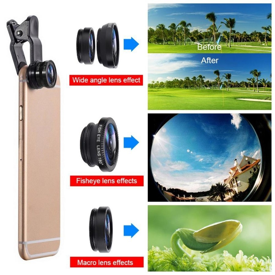 MOTOM 3in1 Lensa Kamera Fisheye Wide Angle