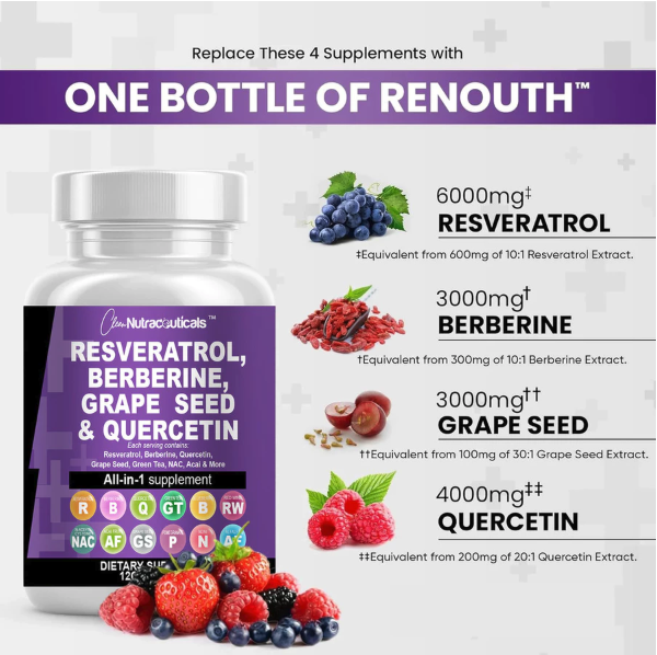 Clean Nutraceuticals Resveratrol, Berberine, Grape Seed & Quercetin
