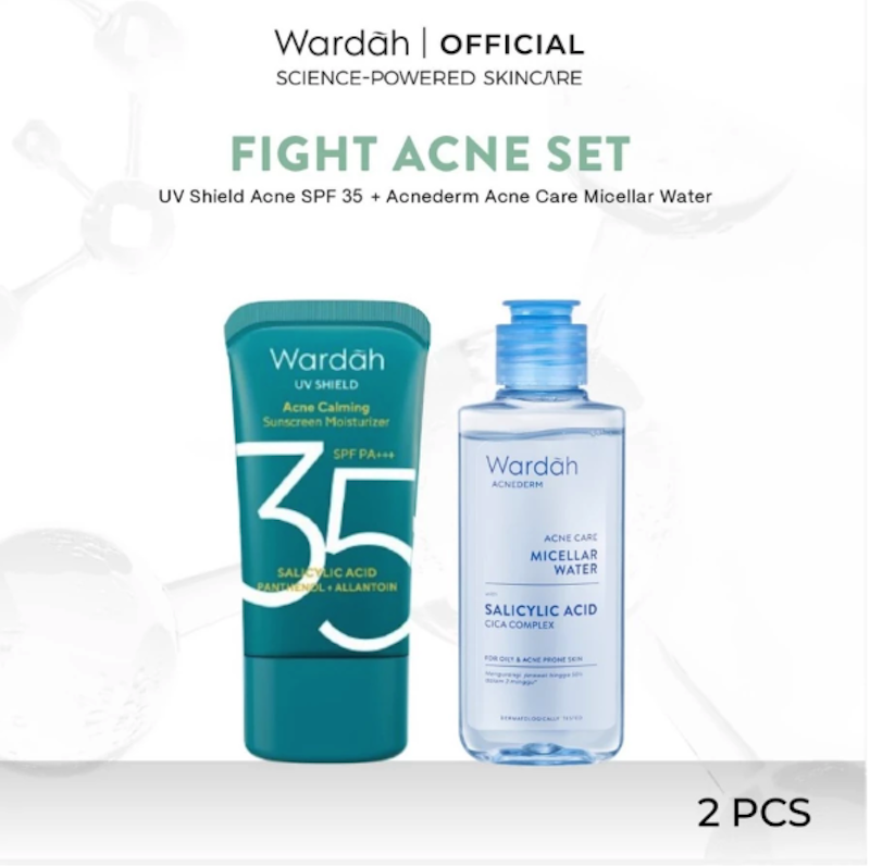 Fight Acne Set (Paket UV Shield Acne Calming Sunscreen + Acnederm Micellar Water) 2