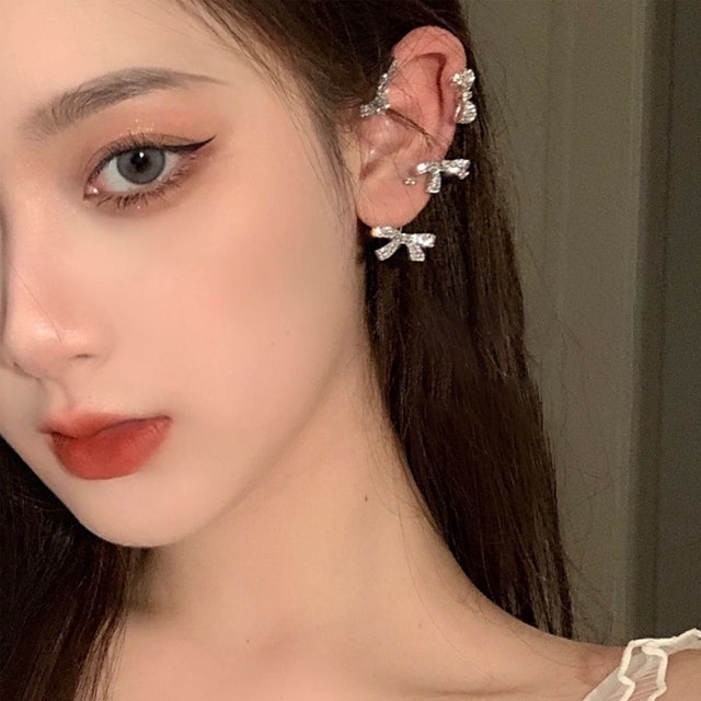 Buhotei Silver Diamond Bow Earrings Clip On