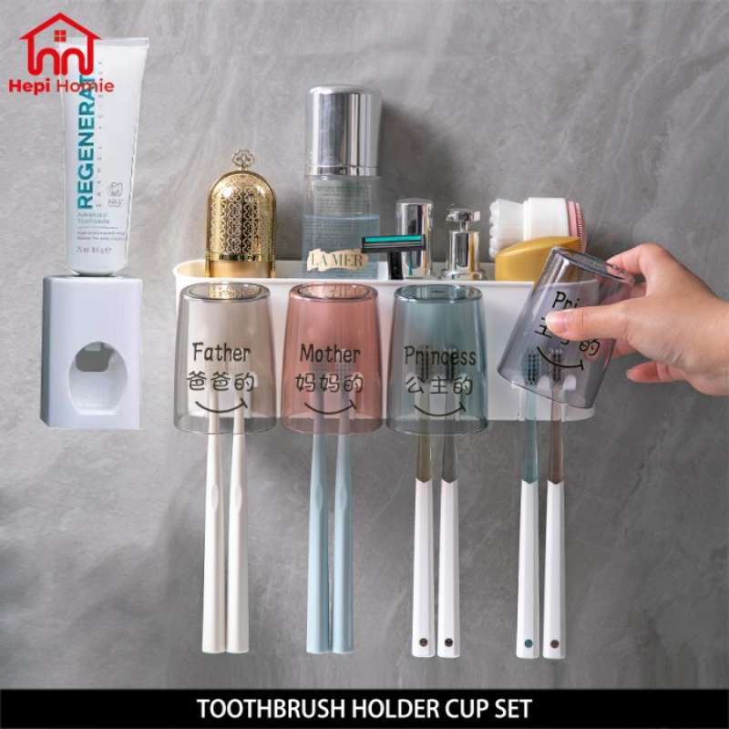 Toothbrush Holder Cup Set + Toothpaste Dispenser 2