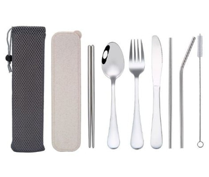 Set 9 Isi Sedotan Garpu Sendok Sumpit Pisau Stainless Travel