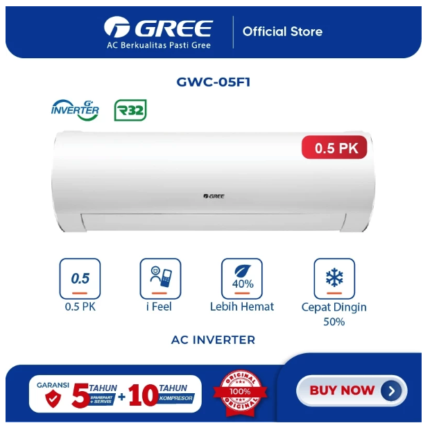 Gree Electric Appliances Indonesia Gree AC Wall Mounted Split Inverter F1S Series 1/2 PK GWC-05F1(S)
