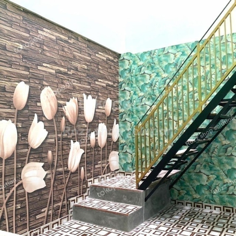 Wallpaper Bunga Tulip 3D Motif Batu Alam