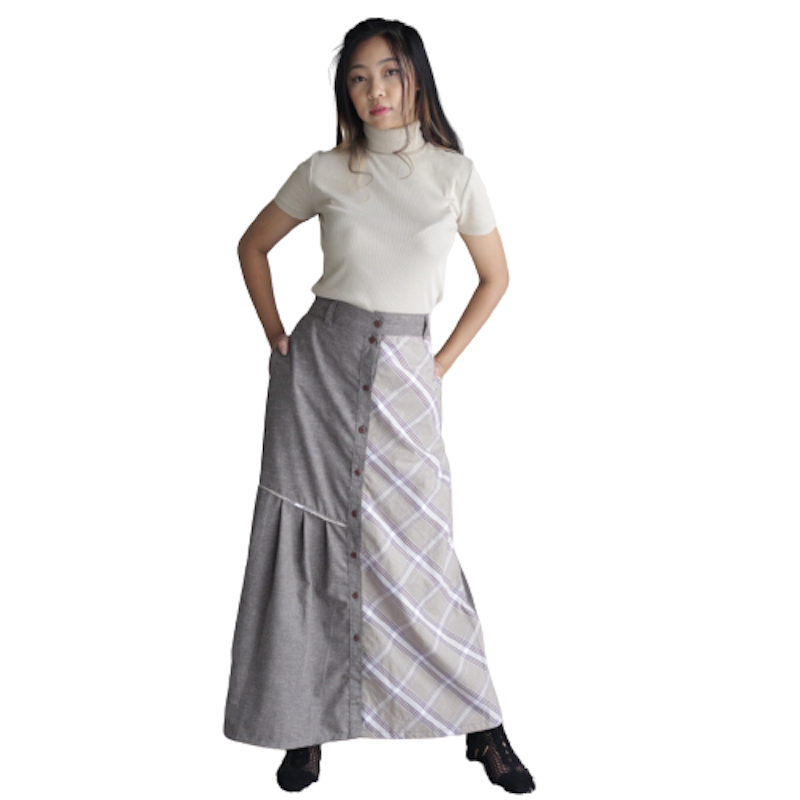 Rok Panjang Wanita Warna Abu Hijau Motif Kotak 1
