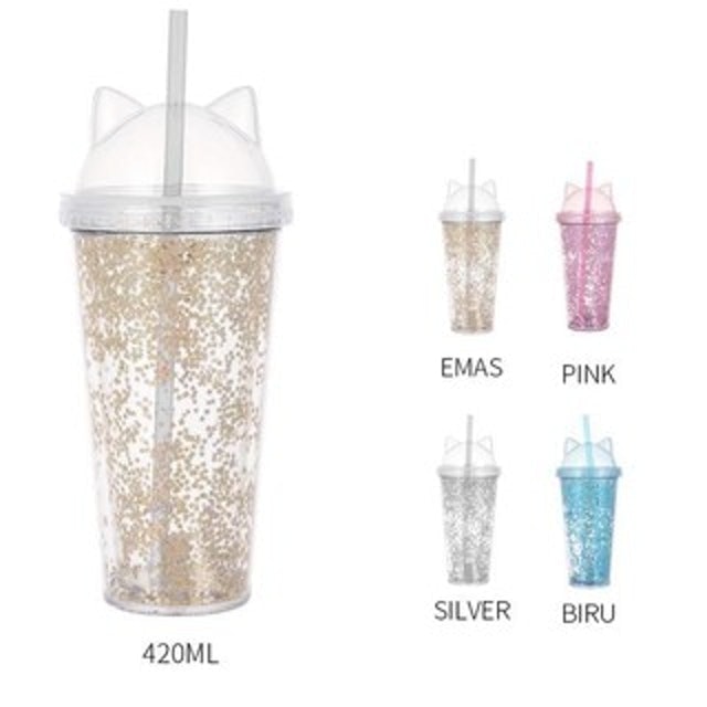 Miniso Cat Ears Glittery Tumbler with Straw
