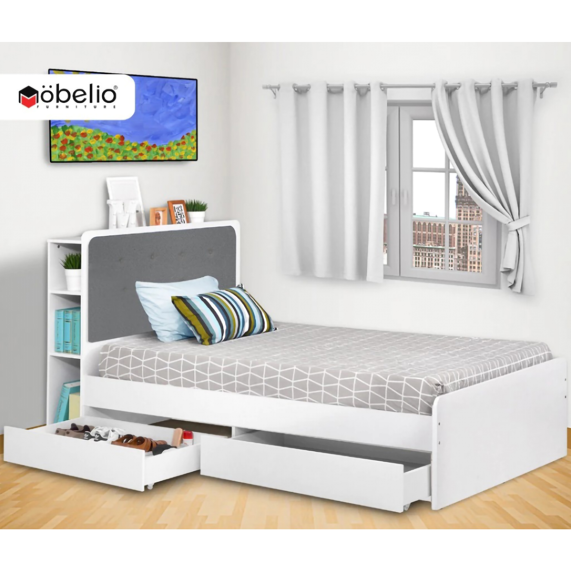 Mobelio Dream Mobelio Ranjang Tidur dengan Laci dan Rak Minimalis Putih Eclipse