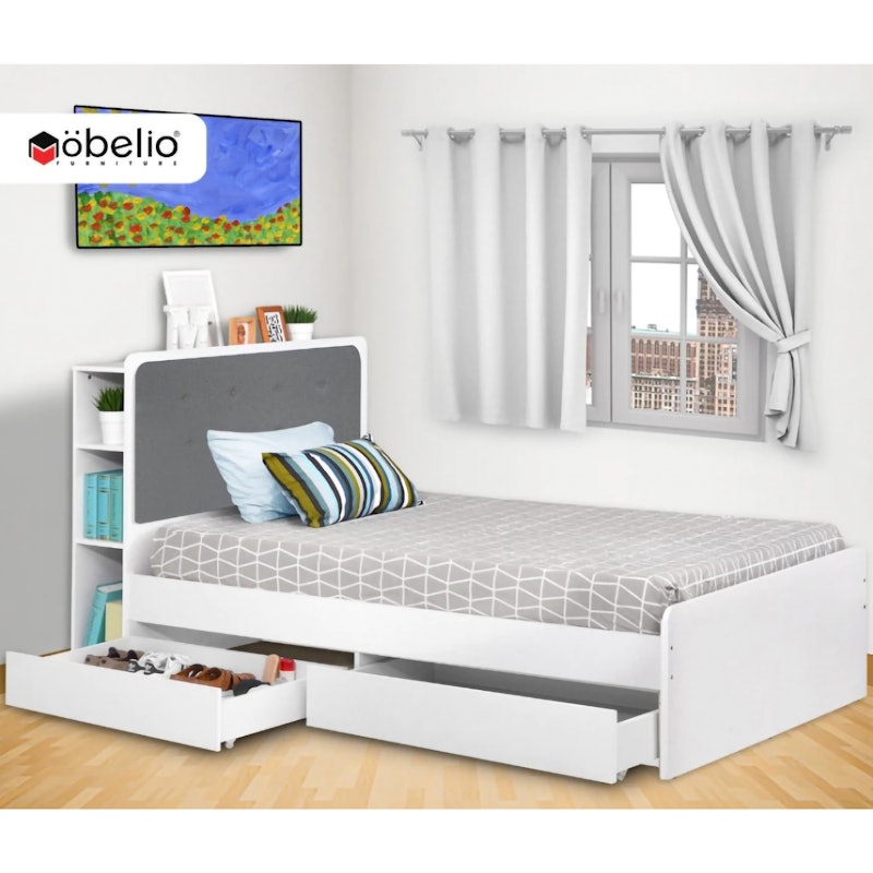 Mobelio Ranjang Tidur dengan Laci dan Rak Minimalis Putih Eclipse 4