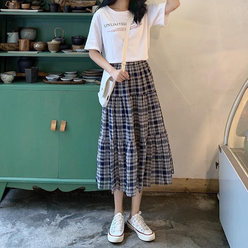Rok Kotak-Kotak Highwaist Plisket Korean Style