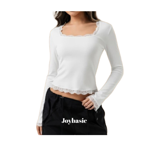 Joybasic Square-Cut Lacey Fitted Flare Longsleeve Top 1
