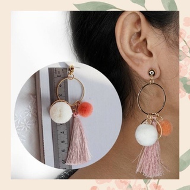  Fashion Tassel Pom Pom Hoop Pink Orange Earrings