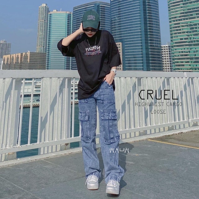 Highwaist Cargo Loose Jeans Snow Blue 1188 Crue