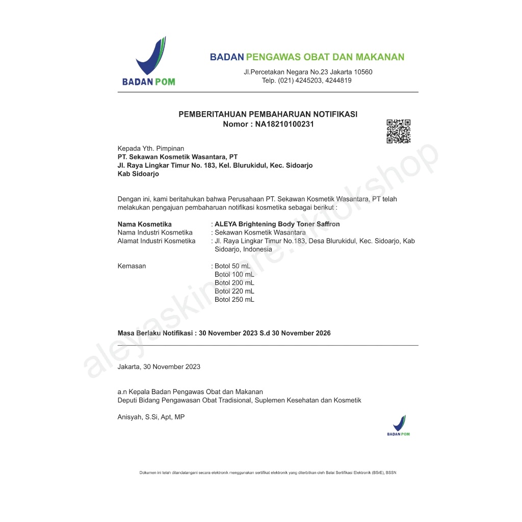 Aleya Makmur Sejahtera Aleya Saffron Brightening Body Toner