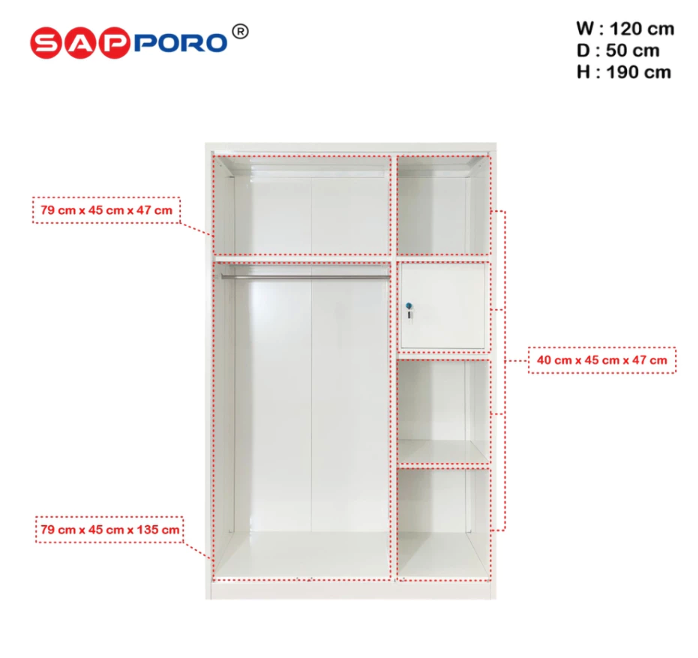 Sapporo Furniture SAPPORO BOLOGNA Lemari Pakaian Besi 3 Pintu