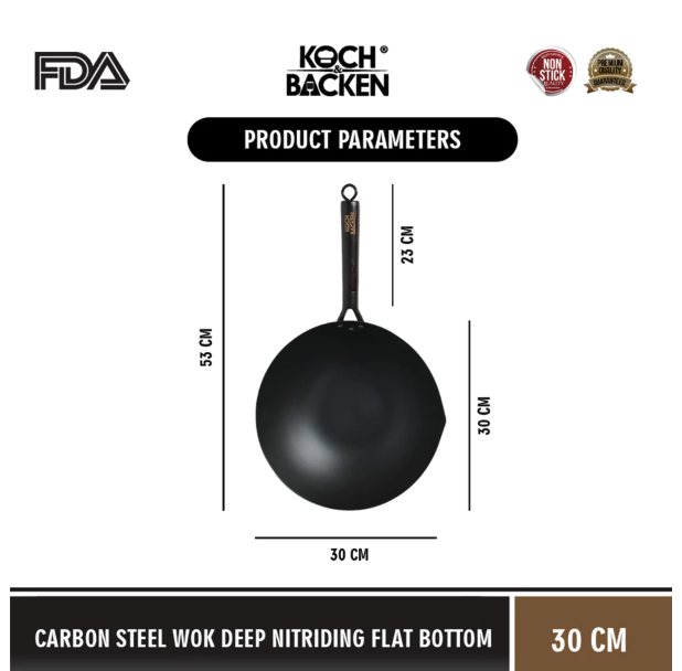 KOCH BACKEN INTERNATIONAL KOCH&BACKEN® Carbon Steel Wok Deep Nitriding Flat Bottom with Wooden Handle 30 cm 