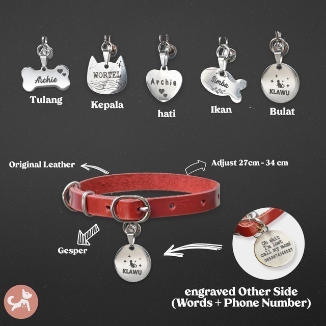 Treat and Tail Kalung Kucing Kulit Asli Custom Liontin Stainless Steel