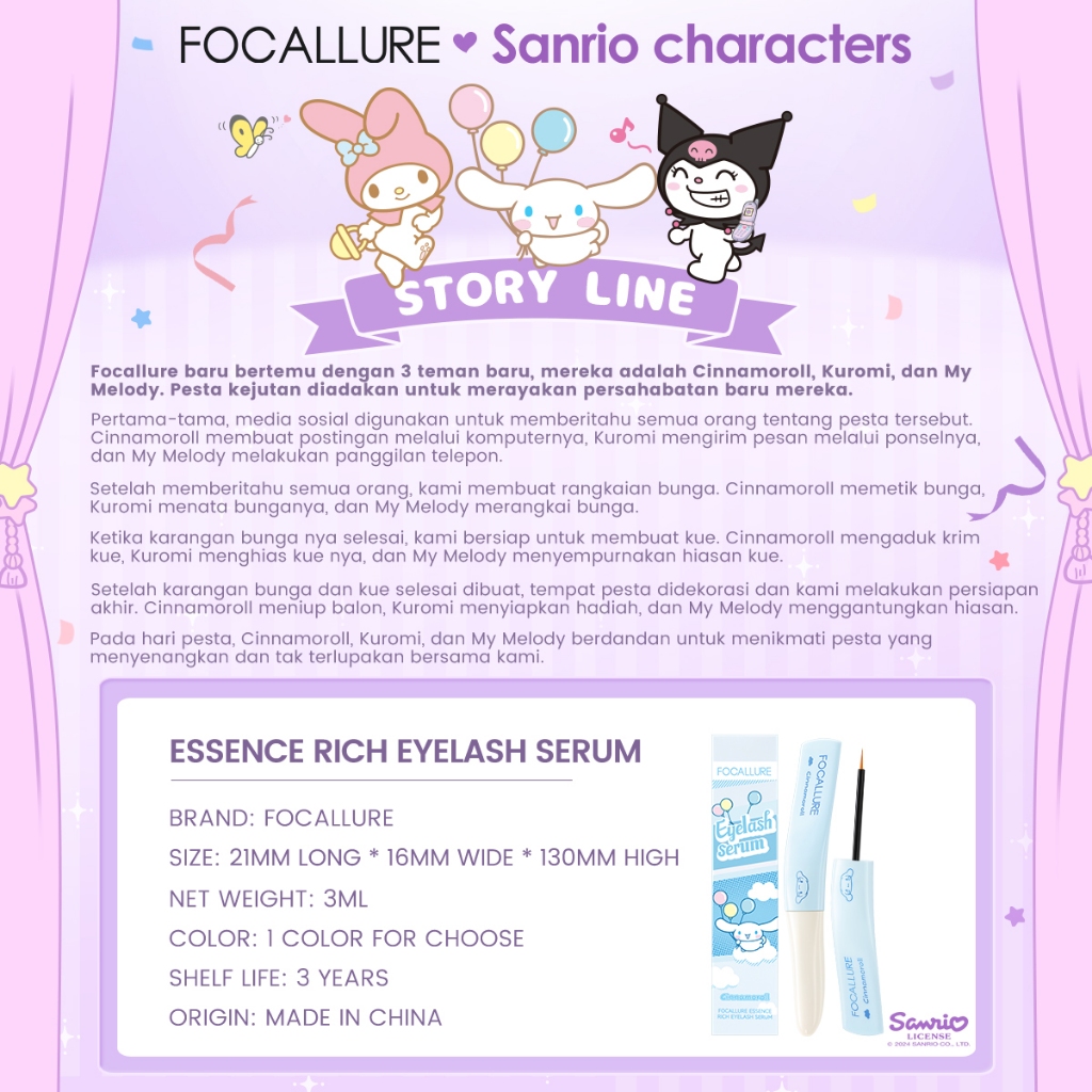 FCL Internasional Indonesia FOCALLURE X Sanrio Essence Rich Eyelash & Brow Serum