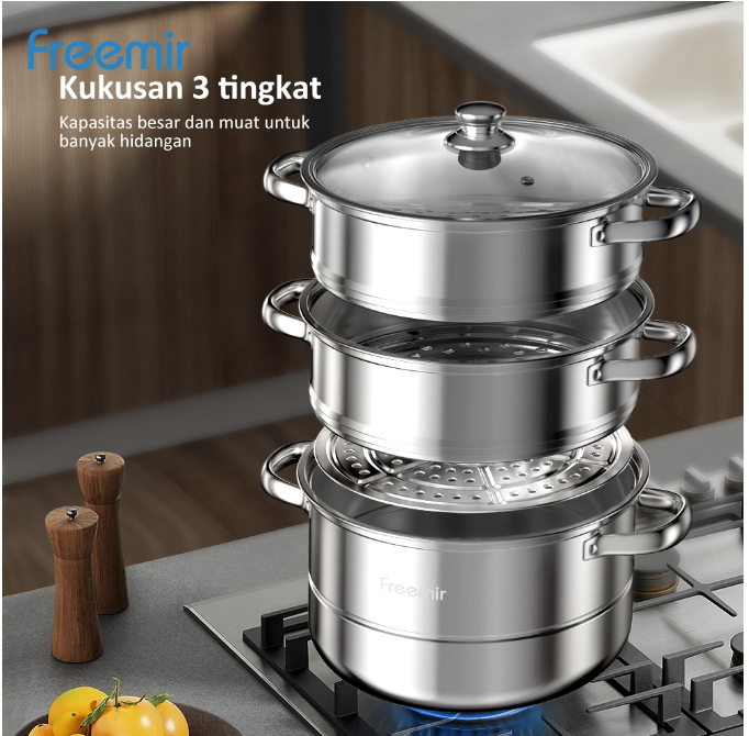 Dachin Etech Global freemir Panci Kukus Stainless Steel 3 Tingkat dan Tutup Kaca
