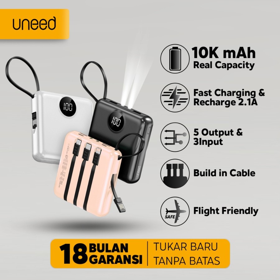 Uneed Indonesia UNEED Powerbank 10000mAh Built in Cable Fast Charging 2.1A UPB234