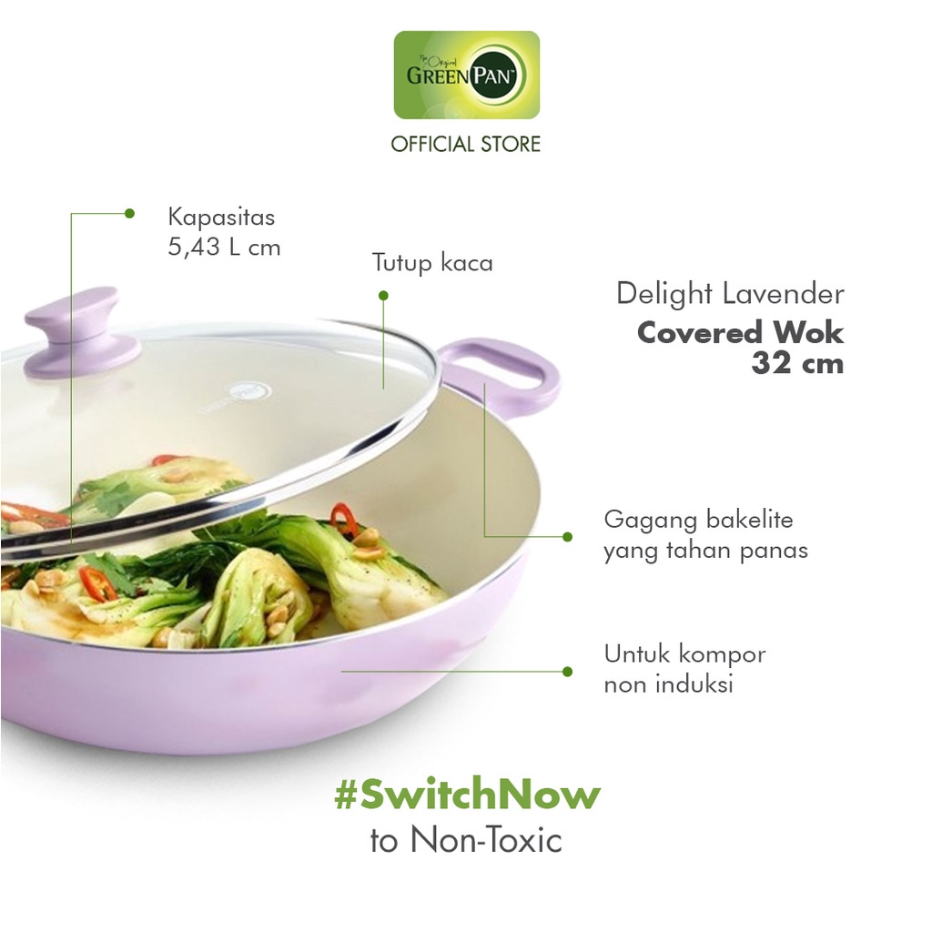 The Cookware Company GreenPan Delight Lavender Covered Wok 32 cm