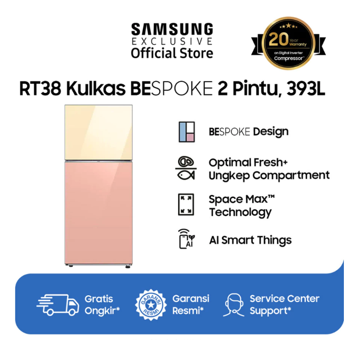 Samsung Electronics Samsung 393 L Bespoke Refrigerator TMF Ungkep Compartment Clean Vanilla + Clean Peach RT38CB66408JSE