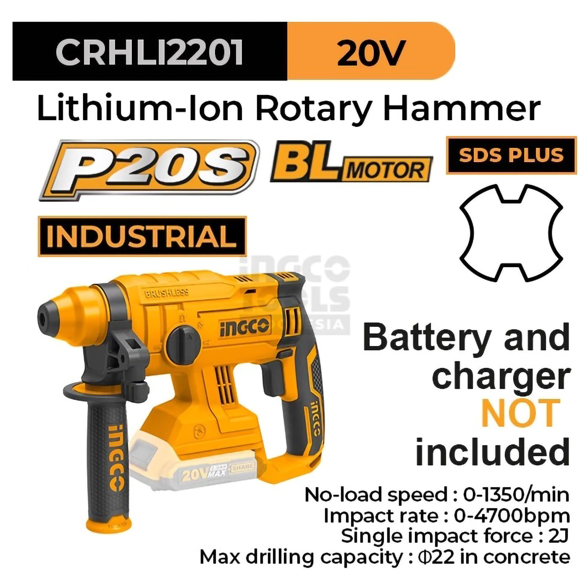 Ingco Teknika Indonesia Ingco P20S Brushless Rotary Hammer Drill CRHLI2201