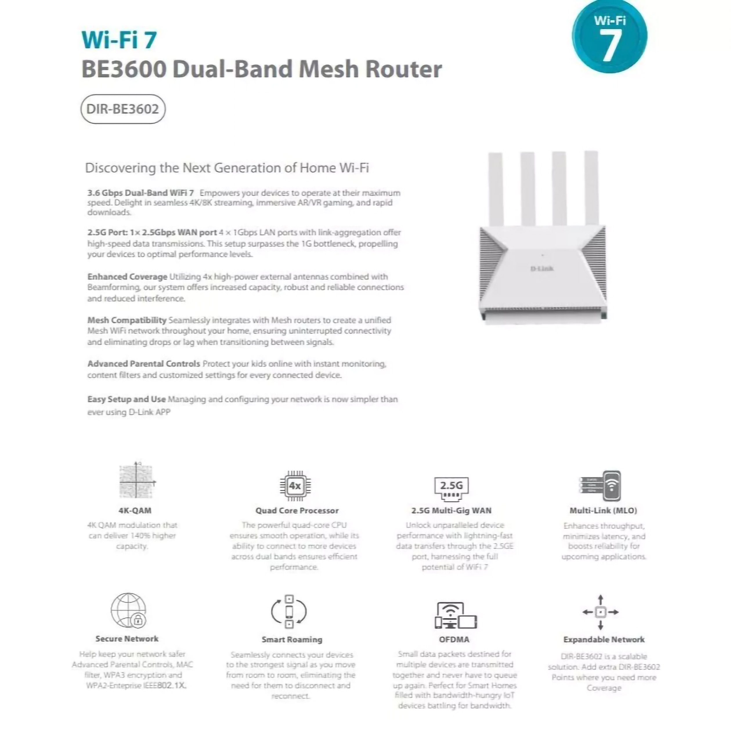 D-Link System Indonesia D-Link WiFi 7 2.5G Dual-Band Mesh Router DIR-BE3602