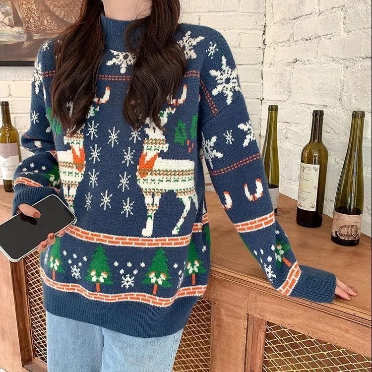KOUYOO Crew Neck Oversize Christmas Sweater Rusa & Pohon Natal