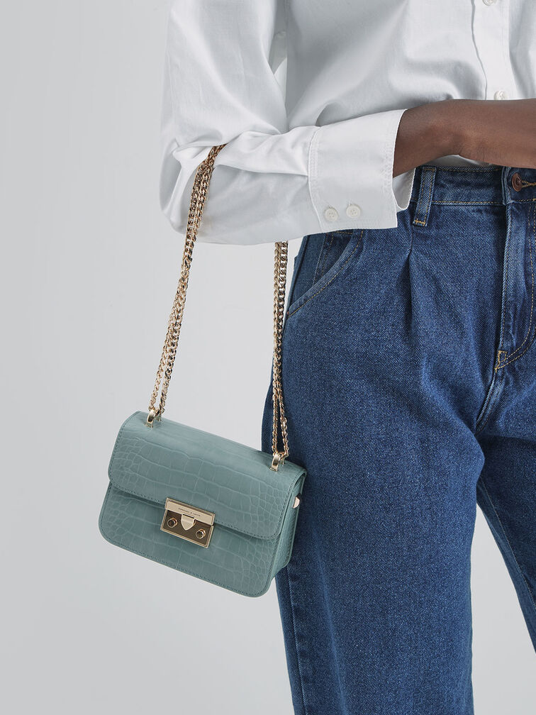 CHARLES & KEITH Tas Selempang Croc-Effect Chain Strap CK2-80700998