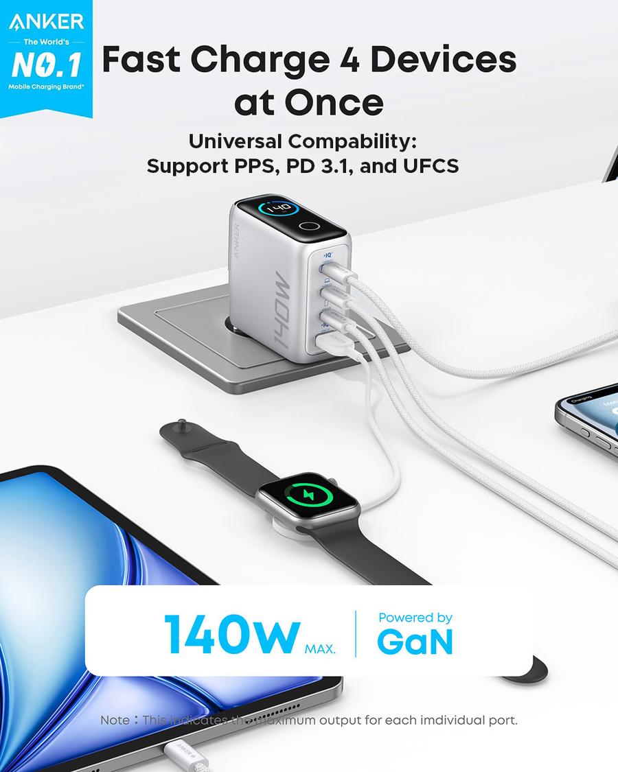 Anker Innovations Anker Smart Digital Touch Display 140W GaN Charger Foldable Fast Charging 4 Ports with Type C Cable