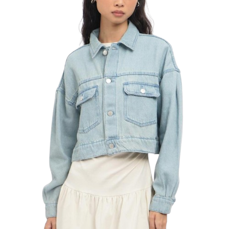 COLORBOX Puffy Sleeve Cropped Denim Jacket Aqua 1