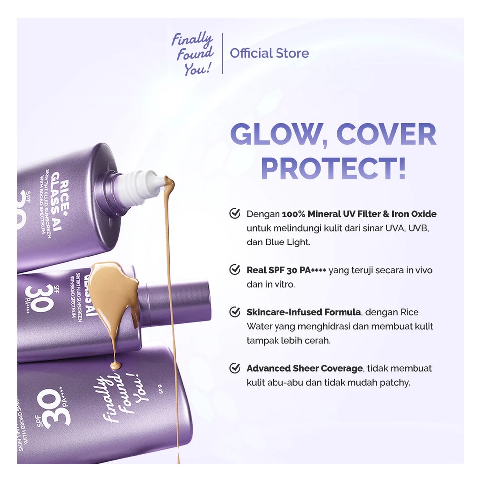 Karya Maharendra Innovation Finally Found You! RICE+ Glass AI Skin Tint Fluid Sunscreen with Broad Spectrum SPF 30 PA++++ AI-05 Deep Connection
