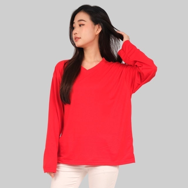 Kaos Oversize Wanita Lengan Panjang V-Neck Polos