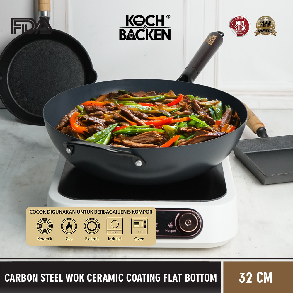 Koch Backen International KOCH&BACKEN® Carbon Steel Wok Ceramic Coating Flat Bottom With Wooden Handle 32 cm