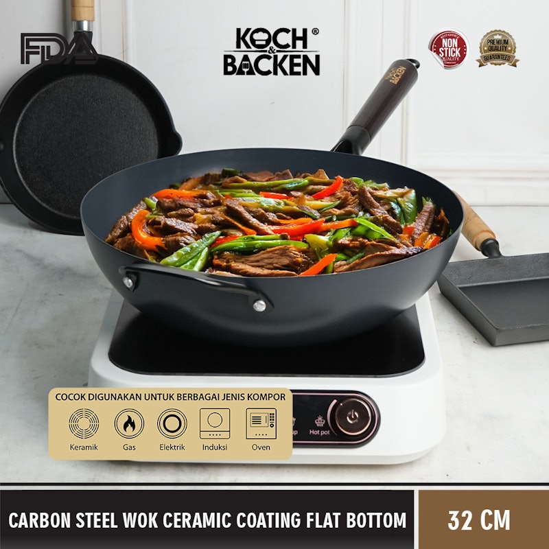 KOCH&BACKEN® Carbon Steel Wok Ceramic Coating Flat Bottom With Wooden Handle 32 cm 4