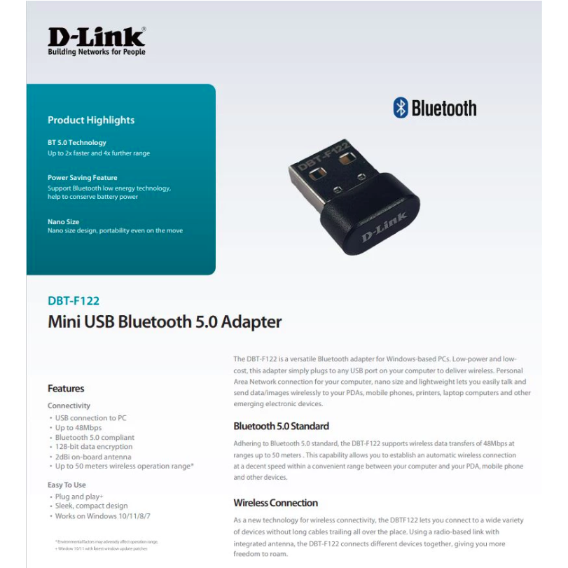 D-Link System Indonesia D-Link Mini USB Bluetooth 5.0 Adapter  DBT-F122