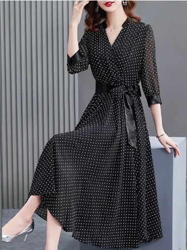 Korean Chiffon V Neck Dress Small Dots  ｜ D056
