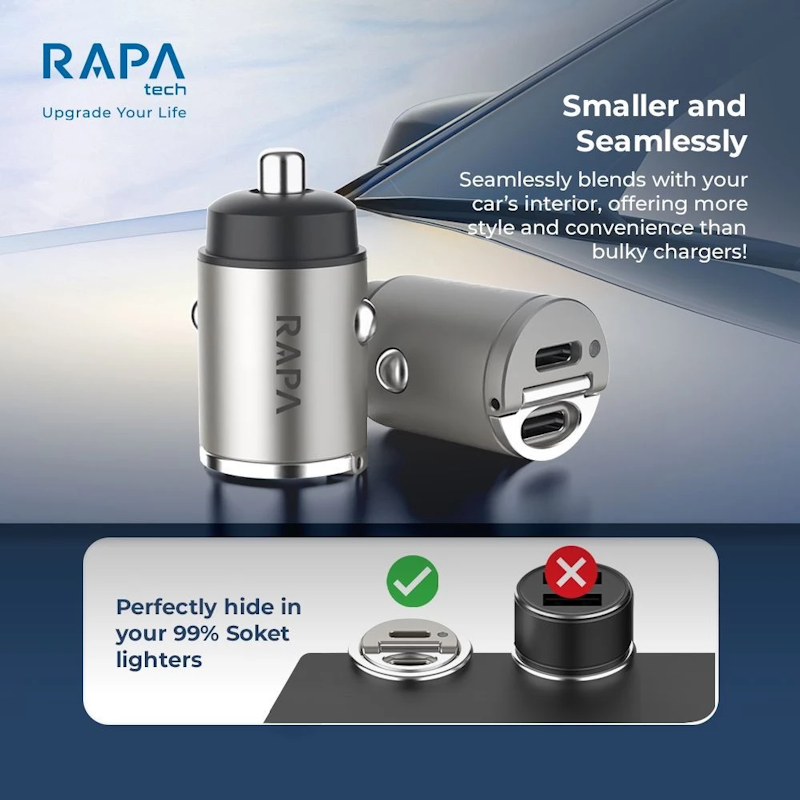 RAPA Tech Drive II Car Charger PD45W Dual Port USB-C Charging 5
