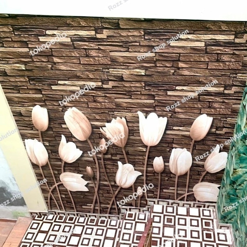 Wallpaper Bunga Tulip 3D Motif Batu Alam